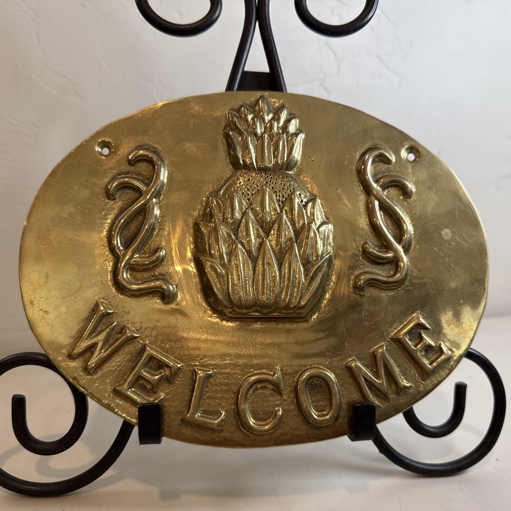 Vintage Solid Brass Welcome Sign Oval Embossed Pineapple Entryway Wall Plaque - Picture 2 of 8